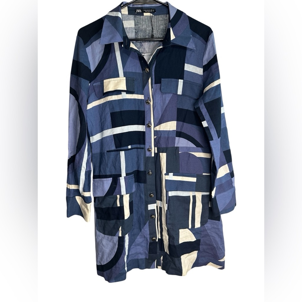 Zara Blue and White Patterned Shirt Dress